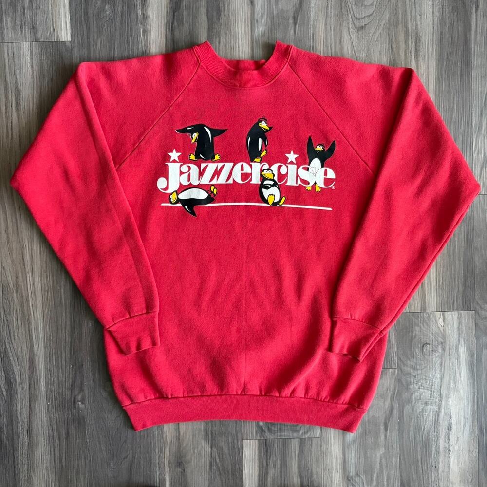 Vintage Jazzercise Sweatshirt Red Penguins Size L Fruit Of The Loom Raglan 1980s